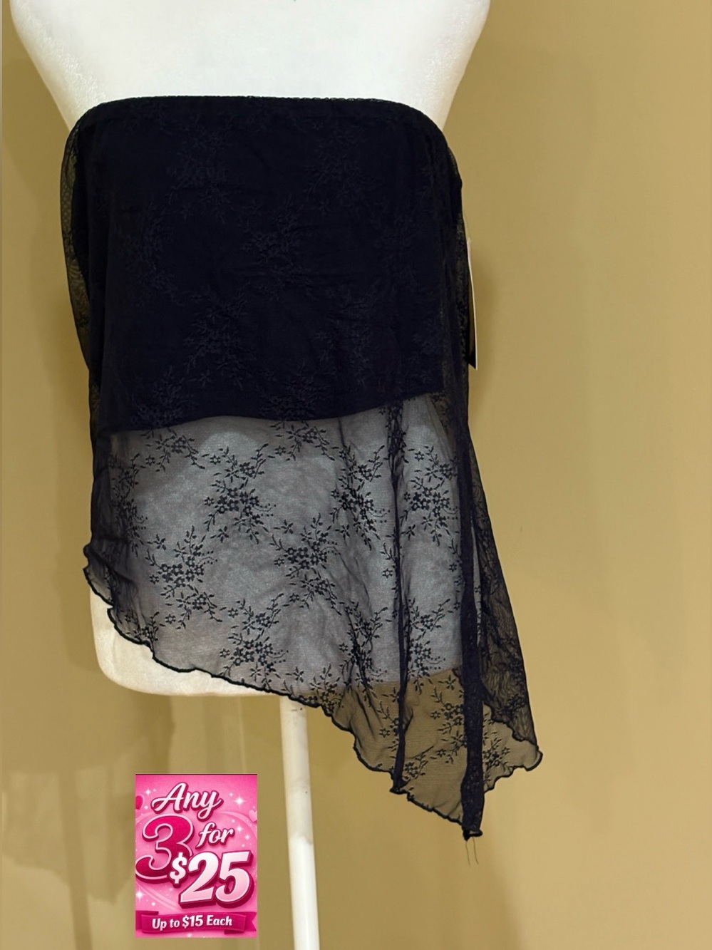 Navy Blue lace asymmetrical sheer strapless top size XL